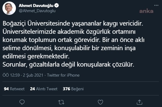DAVUTOĞLU'NDAN BOĞAZİÇİ AÇIKLAMASI: "SORUNLAR GÖZALTI İLE DEĞİL KONUŞARAK ÇÖZÜLÜR"