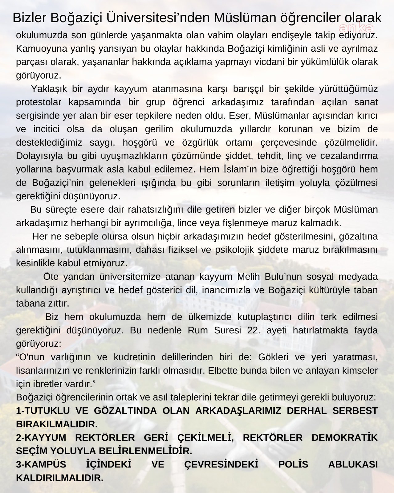 BOĞAZİÇİLİ ‘MÜSLÜMAN ÖĞRENCİLER GRUBU'NDAN AÇIKLAMA: ARKADAŞLARIMIZ SERBEST BIRAKILMALI