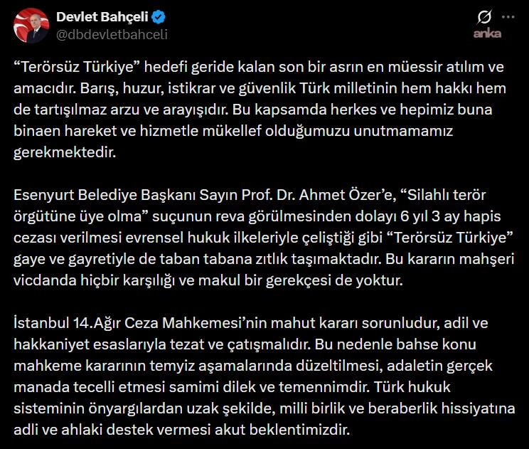 Devlet Bahçeli'den Ahmet Özer'e verilen hapis cezasına tepki: Bu kararın mahşeri vicdanda hiçbir karşılığı ve makul bir gerekçesi de yoktur