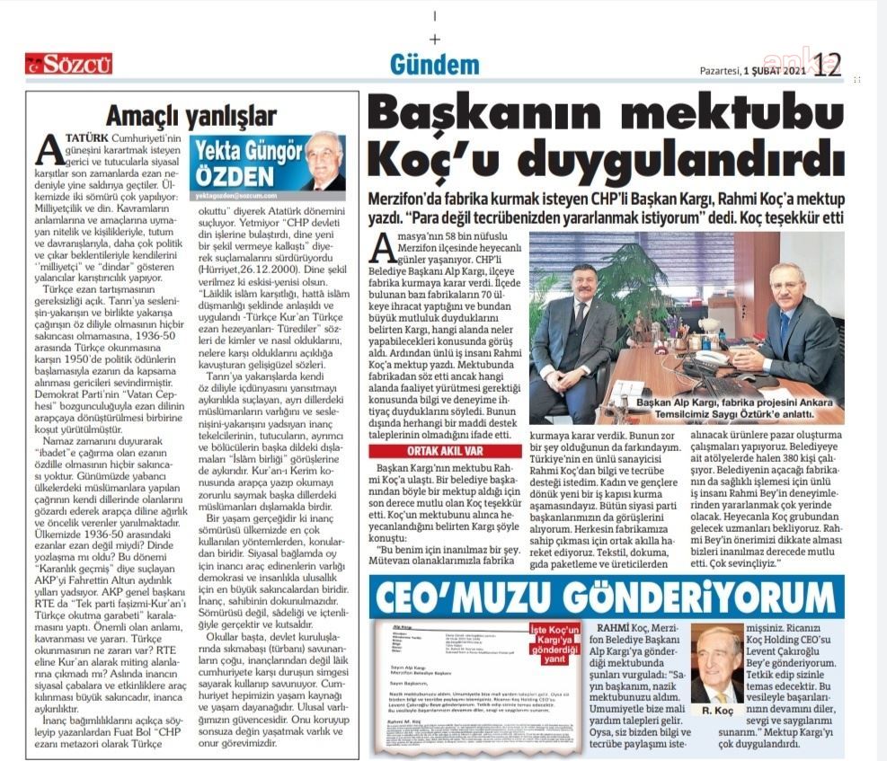 MERZİFON BELEDİYE BAŞKANI KARGI'NIN MEKTUBU KOÇ'U DUYGULANDIRDI