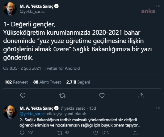 YÖK BAŞKANI SARAÇ: "SAĞLIK BAKANLIĞI'NA YÜZ YÜZE ÖĞRETİME GEÇİLMESİNE İLİŞKİN GÖRÜŞLERİNİ ALMAK ÜZERE BİR YAZI GÖNDERDİK"