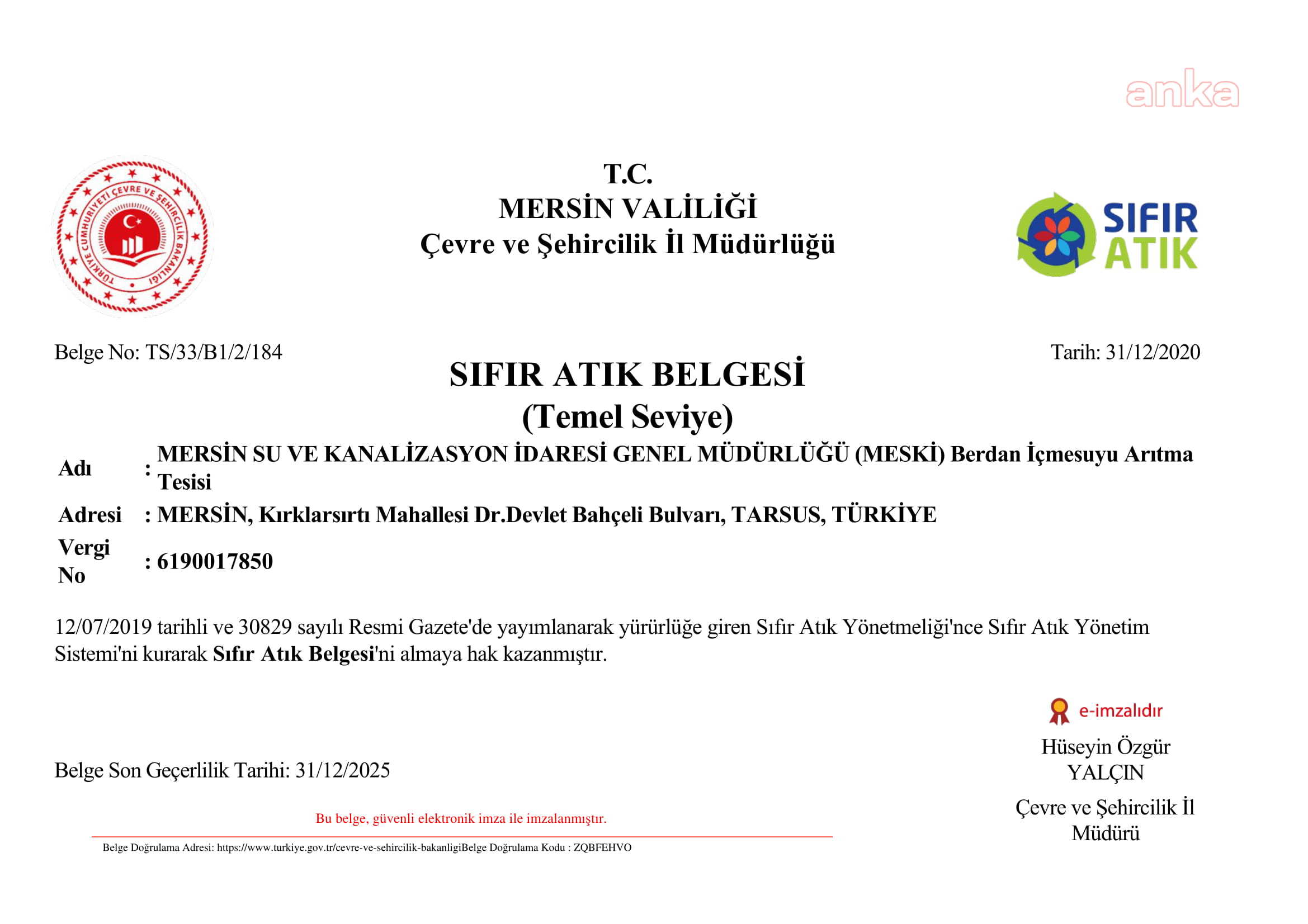 MESKİ, ATIK YÖNETİMİNİ "SIFIR ATIK BELGESİ" İLE TAÇLANDIRDI