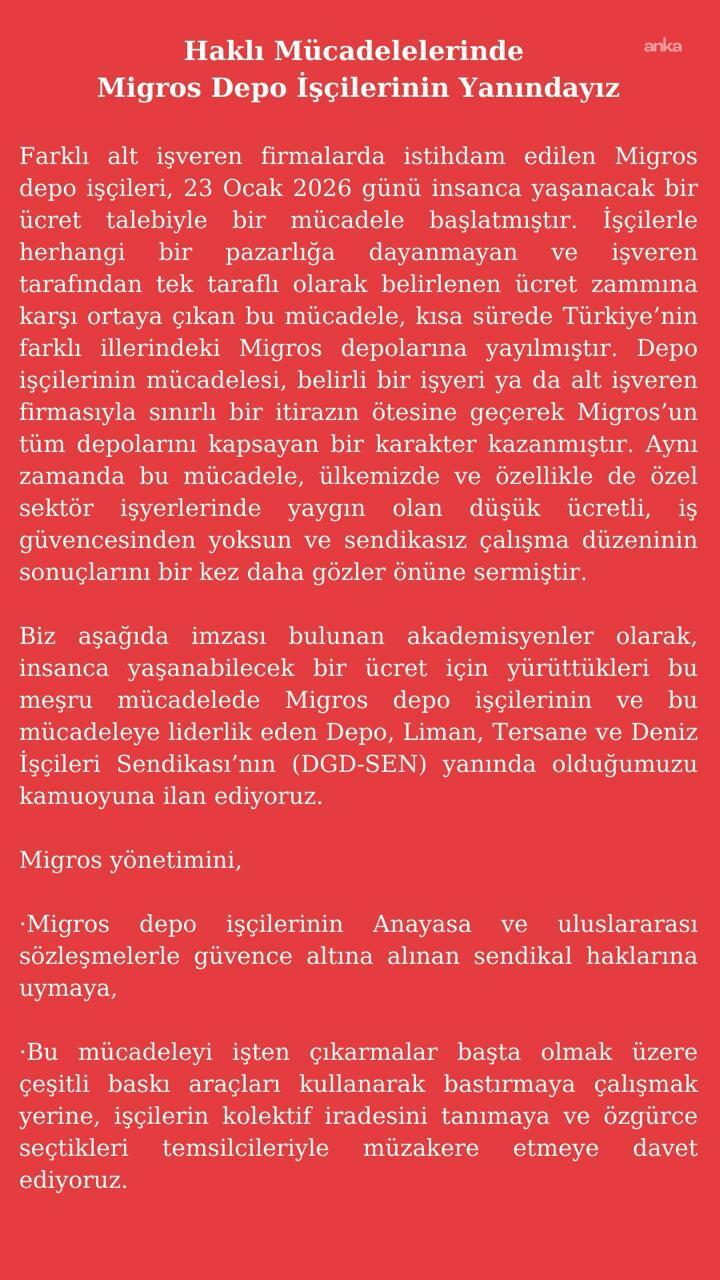 Akademisyenlerden Migros depo işçilerine destek: Haklı mücadelelerinde yanlarındayız