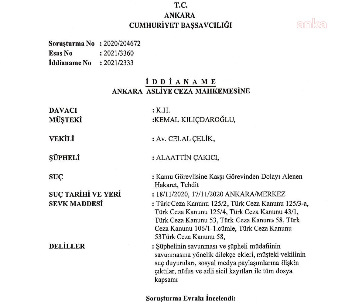 KILIÇDAROĞLU’NU TEHDİT EDEN ALAATTİN ÇAKICI HAKKINDA İDDİANAME HAZIRLANDI