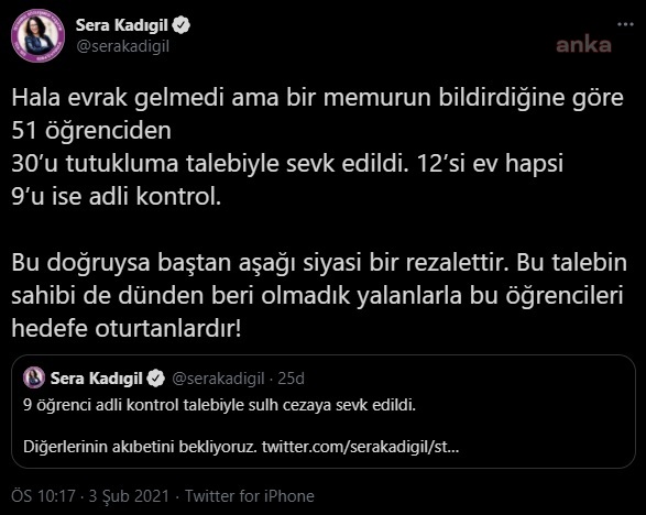 CHP'Lİ KADIGİL: "51 ÖĞRENCİDEN 30’U TUTUKLUMA TALEBİYLE SEVK EDİLDİ"