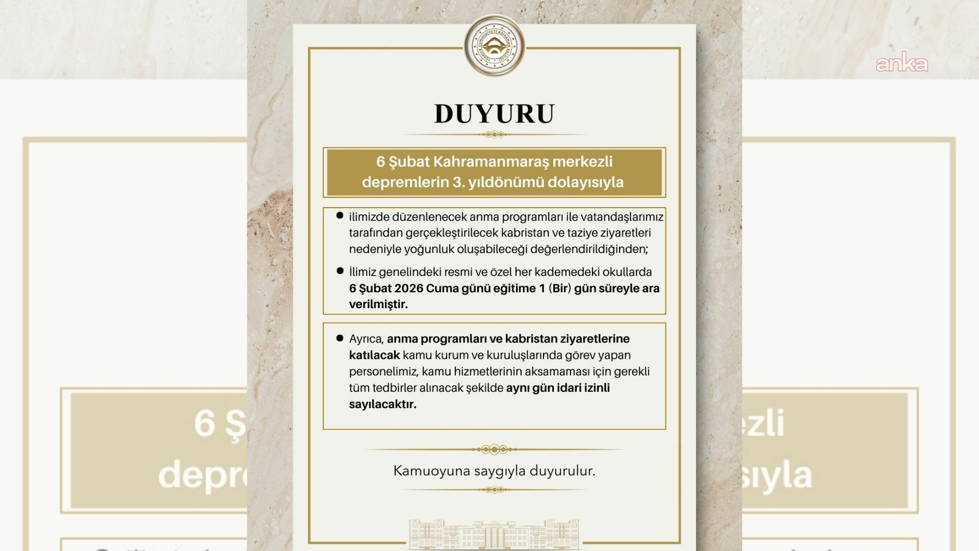 6 Şubat depremlerin üçüncü yılı... Adıyaman'da 6 Şubat günü okullar tatil edildi, kamu personeli izinli sayıldı
