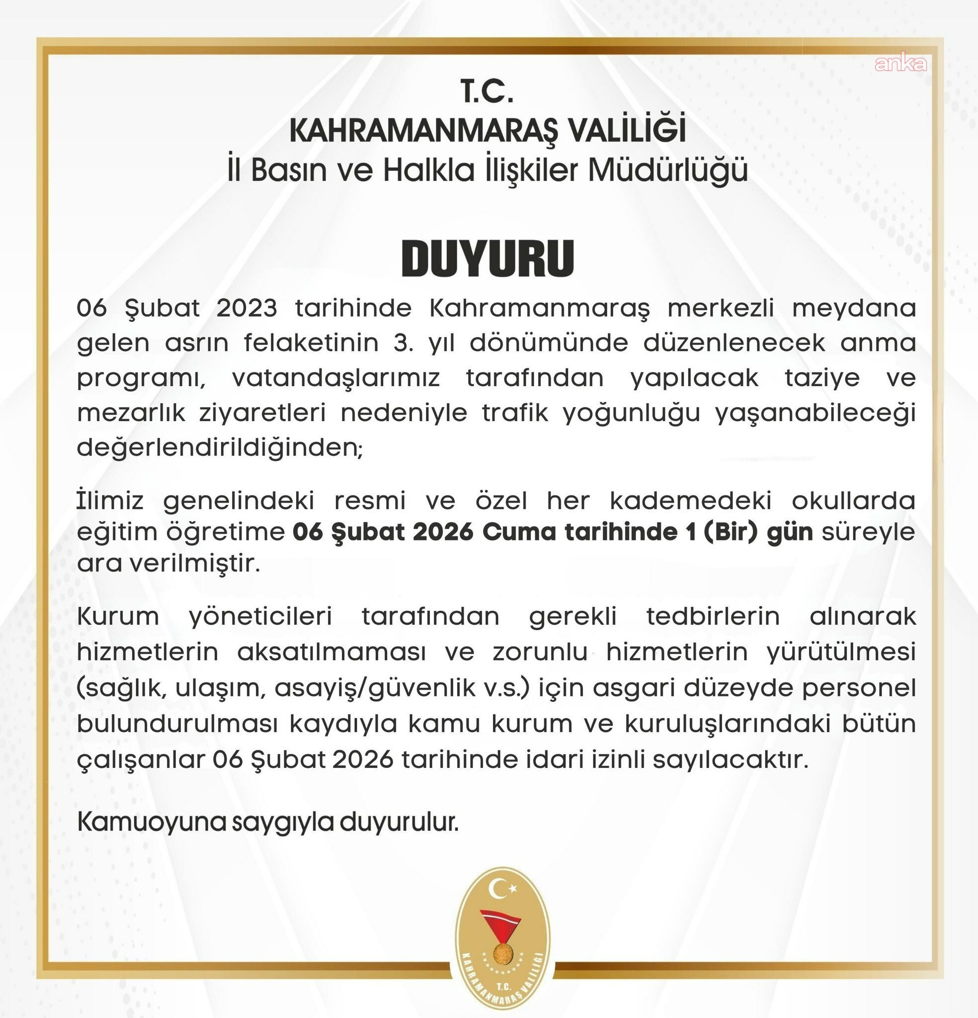 6 Şubat depremlerin üçüncü yılı... 3 ilde 6 Şubat günü okullar tatil edildi, kamu personeli izinli sayıldı