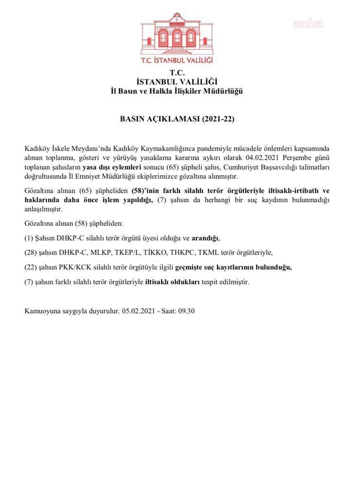 İSTANBUL VALİLİĞİ: KADIKÖY'DE DÜN 65 KİŞİ GÖZALTINA ALINDI