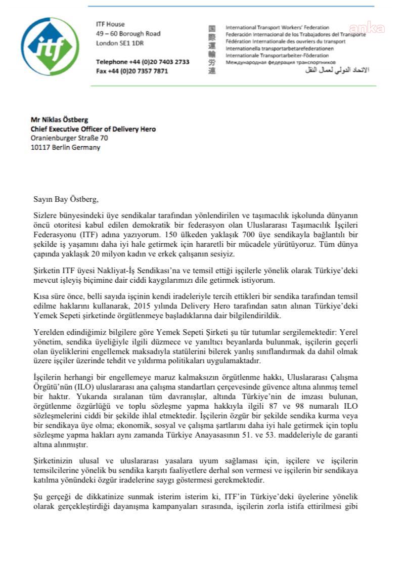 ULUSLARASI TAŞIMACILIK İŞÇİLERİ FEDERASYONU'NDAN YEMEK SEPETİ'NE PROTESTO MEKTUBU