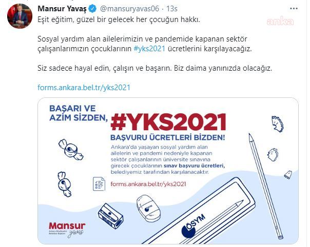 MANSUR YAVAŞ, YKS DESTEKLERİNİN 5 MART'A KADAR YATIRILACAĞINI AÇIKLADI