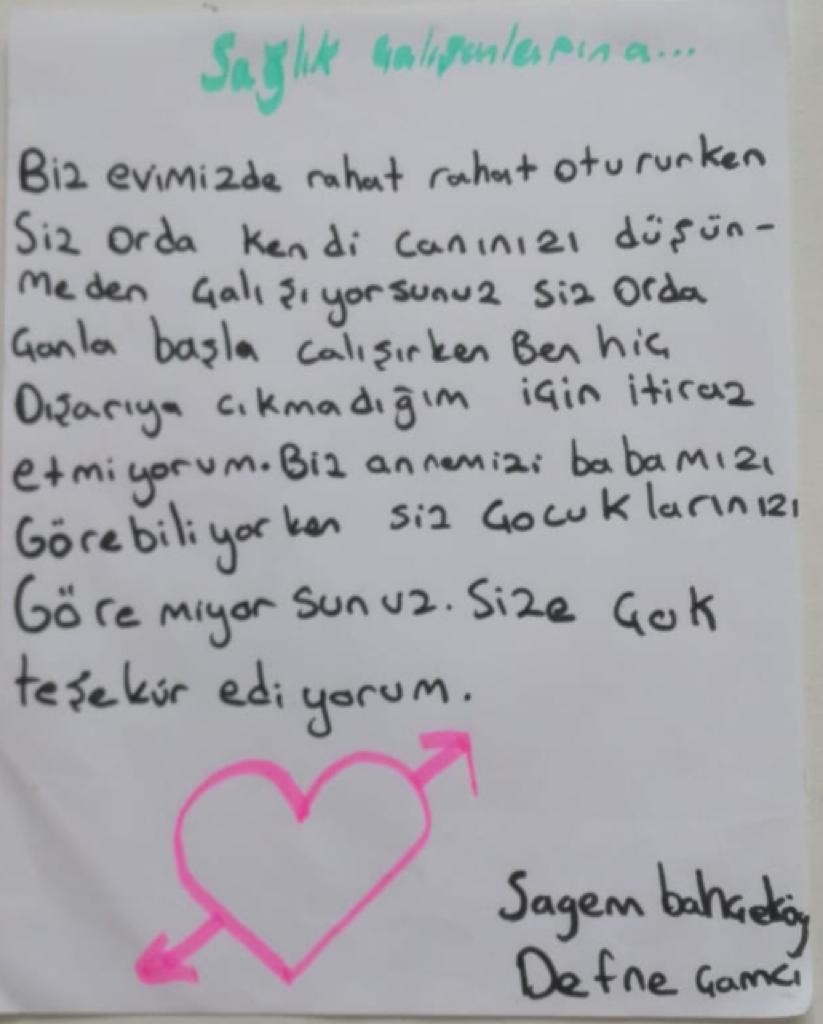 SARIYERLİ ÇOCUKLARDAN SAĞLIKÇILARA MEKTUP VAR