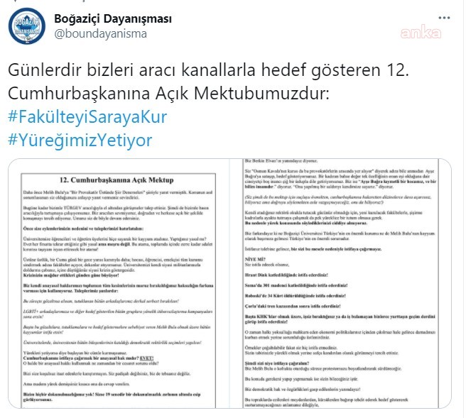 BOĞAZİÇİ ÖĞRENCİLERİNDEN ERDOĞAN'A AÇIK MEKTUP: "BİZİ, SİZE KOŞULSUZ  İTAAT EDENLERLE KARIŞTIRMAYIN"