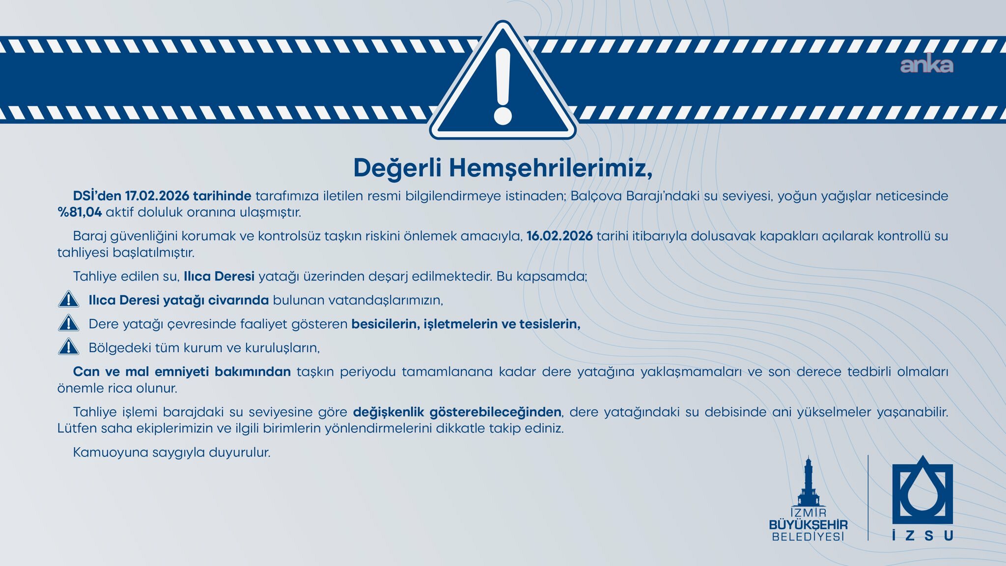 İzmir'de Balçova Barajı’nda doluluk yüzde 81’e ulaştı, kontrollü tahliye başlatıldı