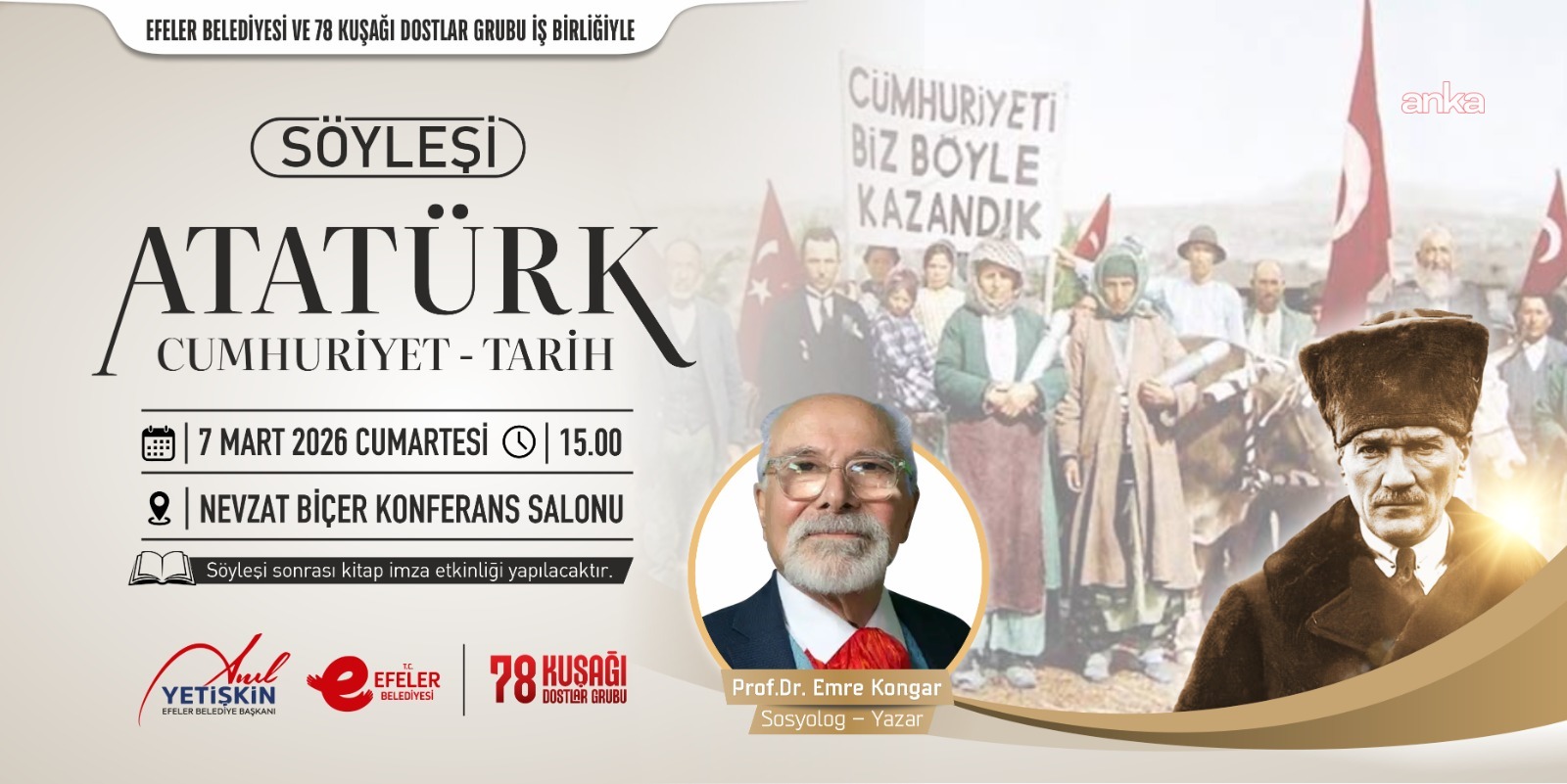 Efeler'de sosyolog ve yazar Emre Kongar, düzenlenecek söyleşi ile vatandaşlarla buluşacak