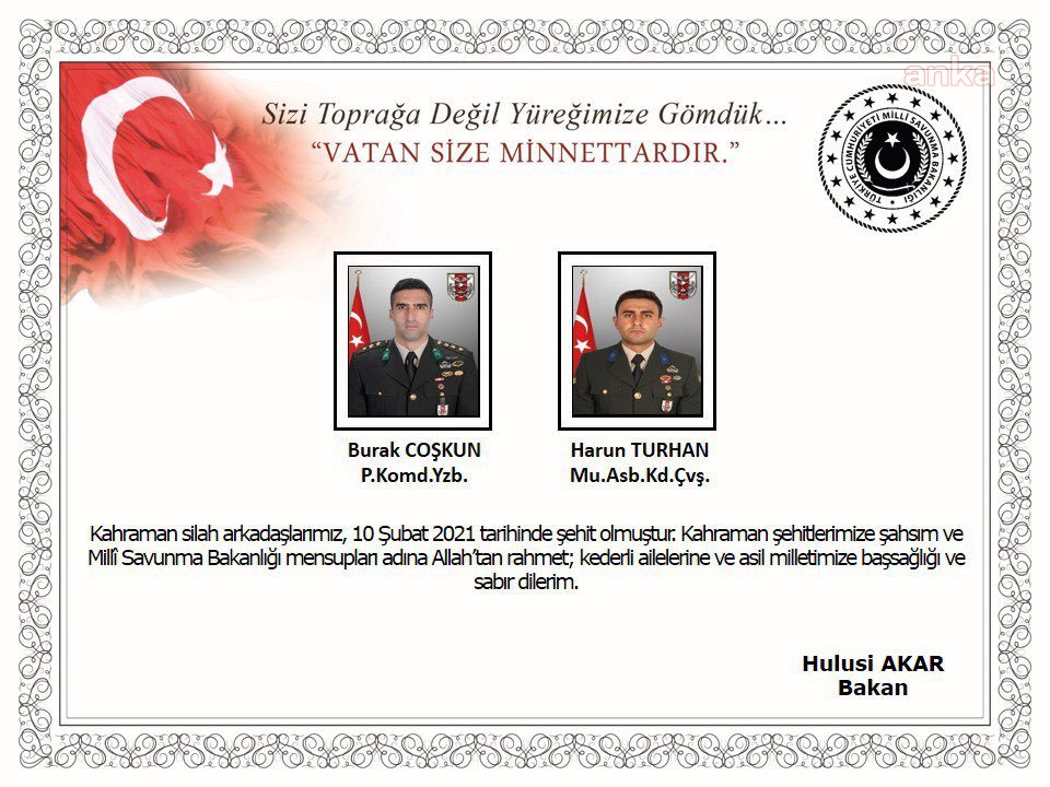 KUZEY IRAKTA YÜRÜTÜLEN PENÇE-2 KARTAL HAREKÂTINDA 2 ASKER ŞEHİT, 4 ASKER  YARALANDI
