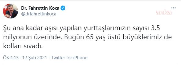 BAKAN KOCA: AŞI YAPILAN YURTTAŞLARIMIZIN SAYISI 3.5 MİLYONUN ÜZERİNDE