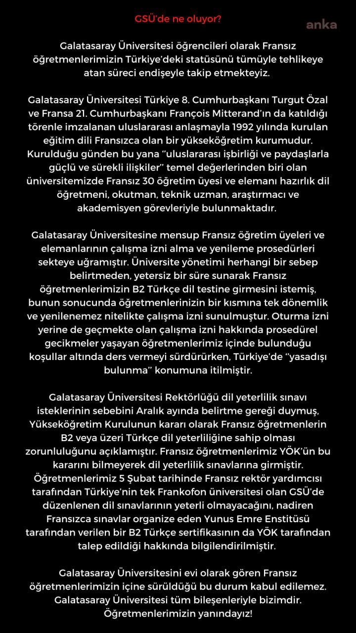 GALATASARAYLI ÖĞRENCİLERDEN FRANSIZ ÖĞRETİM ÜYELERİNE TÜRKÇE ŞARTINA TEPKİ: ÖZGÜR EĞİTİME MÜDAHALE
