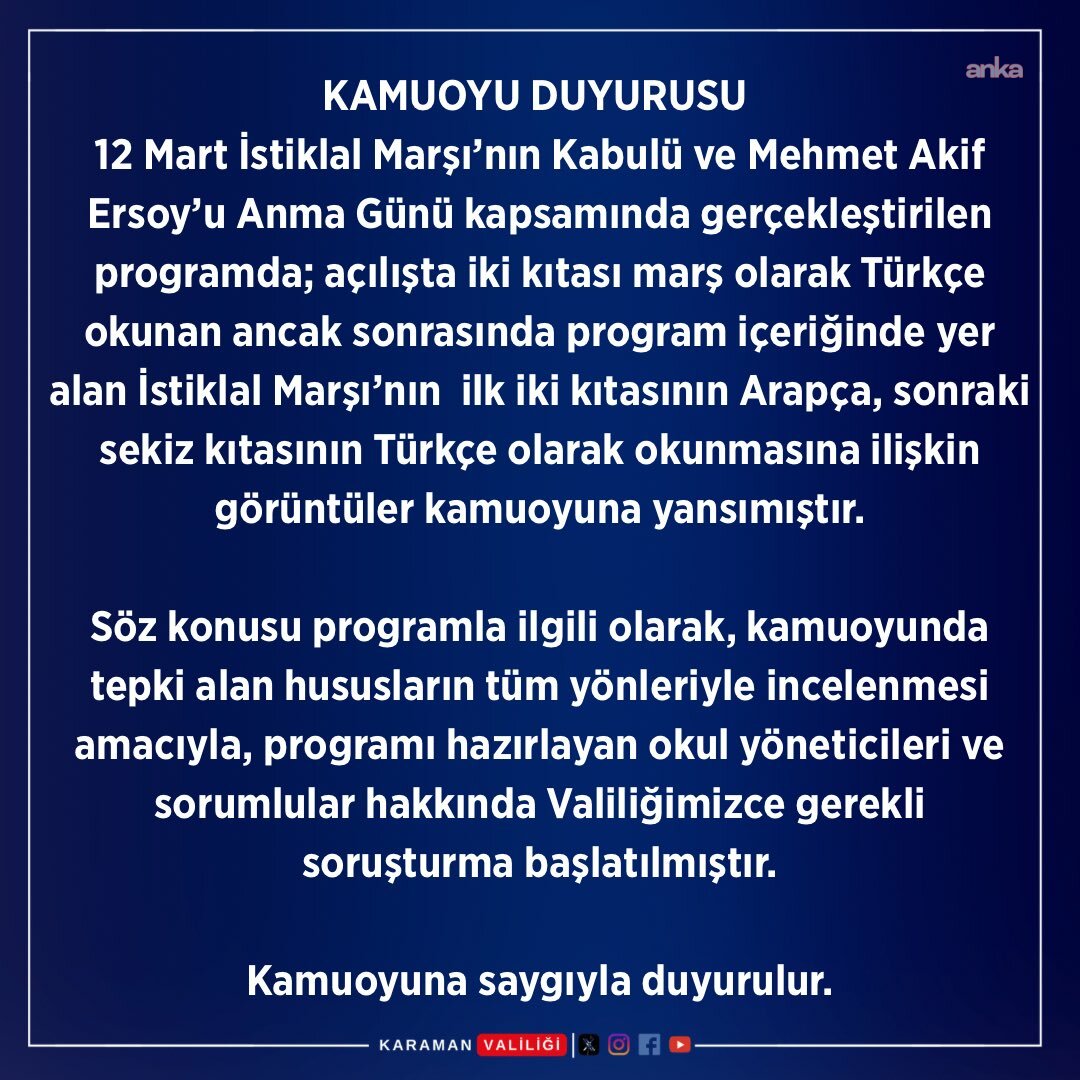 İstiklal Marşı'nın Arapça okunmasına ilişkin soruşturma başlatıldı