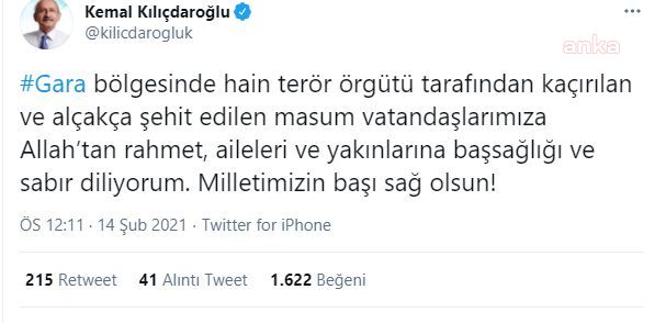 KILIÇDAROĞLU’DAN PKK’NIN 13 SİVİLİ ÖLDÜRMESİNE TEPKİ