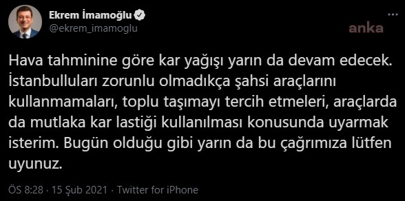 İMAMOĞLU UYARDI: "ZORUNLU OLMADIKÇA ŞAHSİ ARAÇLARINIZI KULLANMAYIN"