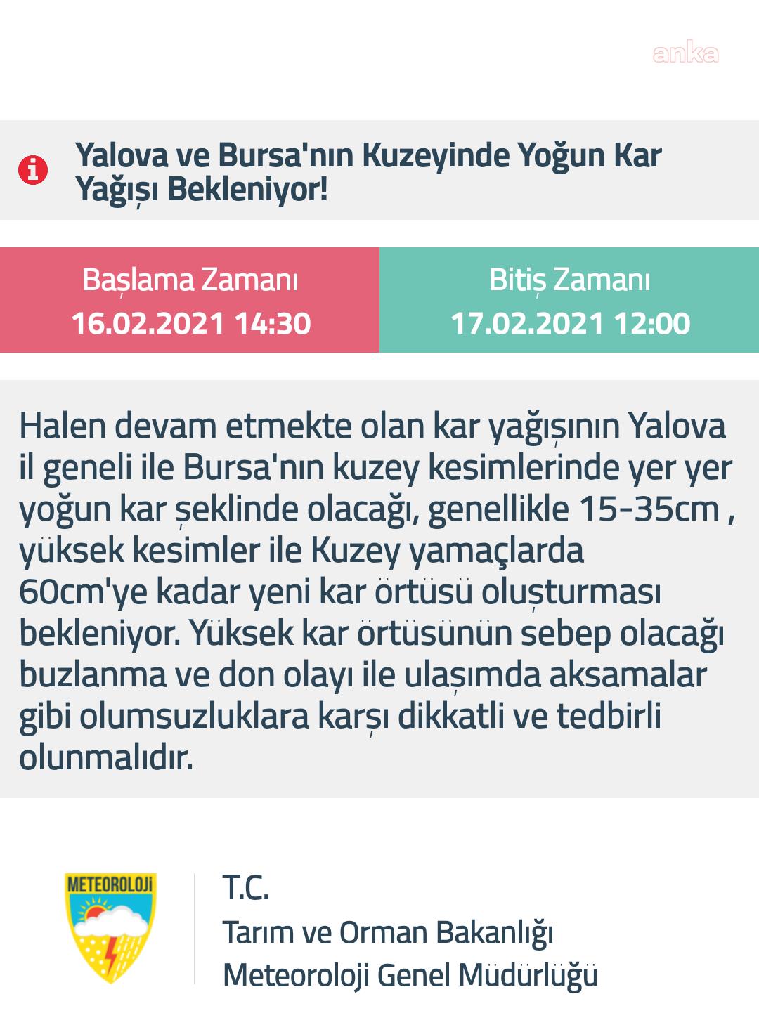 METEOROLOJİ'DEN YALOVA VE BURSA İÇİN YOĞUN KAR UYARISI