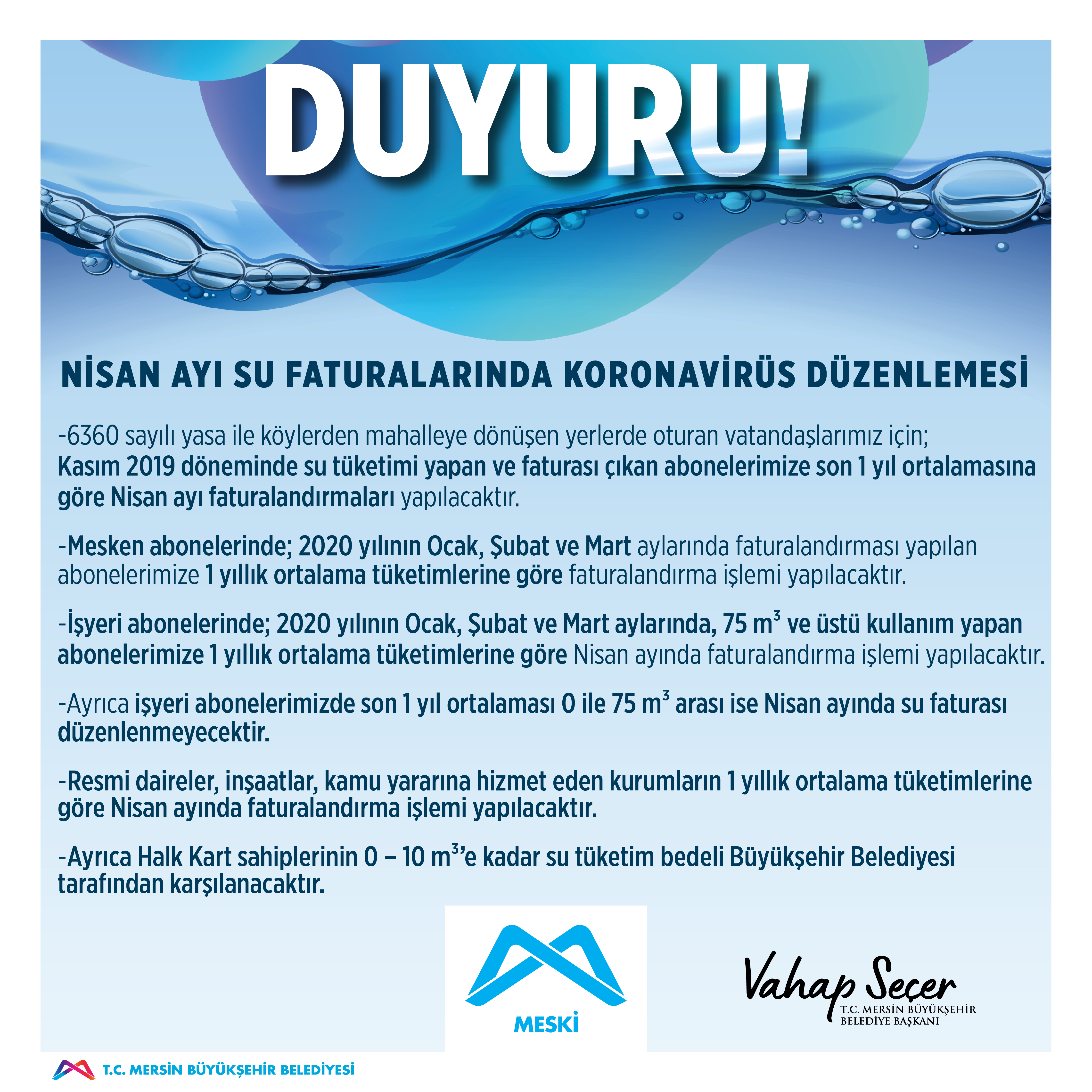 MESKİ’DEN NİSAN AYI SU FATURALARINDA KORONAVİRÜS DÜZENLEMESİ