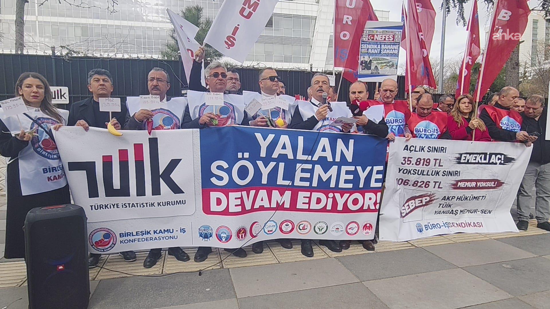 Büro-İş Sendikası'ndan TÜİK önünde enflasyon tepkisi: "TÜİK, 'sizin çarşıda pazarda yaşadığınız değil, benim yazdığım gerçek' diyor"