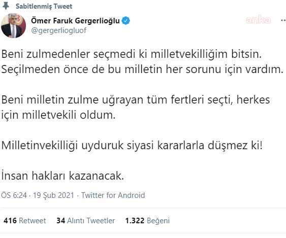 HDP’Lİ GERGERLİOĞLU'NDAN İLK TEPKİ:  BENİ ZULMEDENLER SEÇMEDİ Kİ MİLLETVEKİLLİĞİM BİTSİN