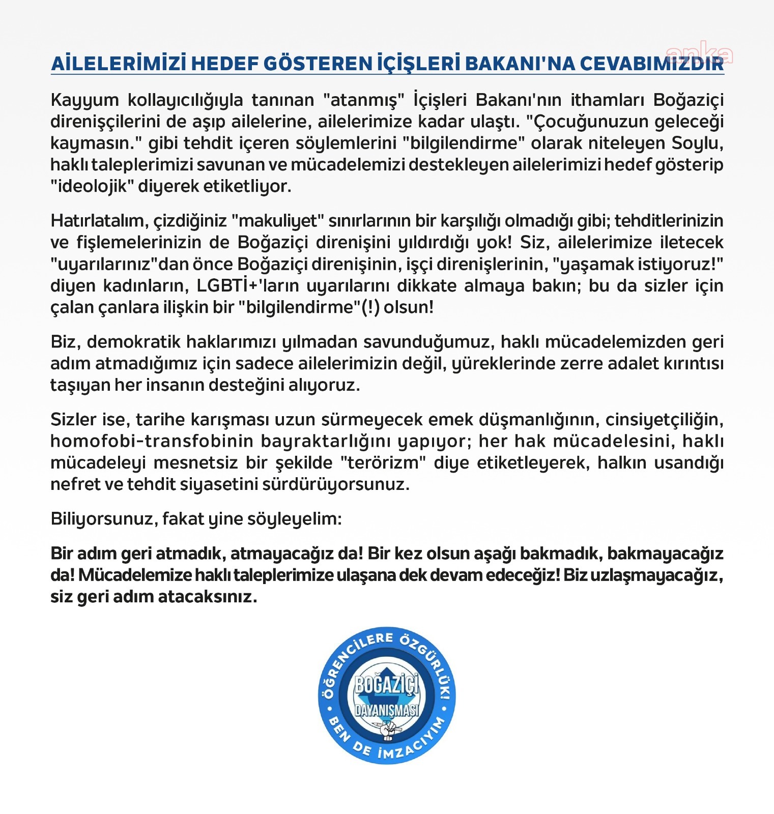 BOĞAZİÇİLİ ÖĞRENCİLERDEN BAKAN SOYLU'YA "İDEOLOJİK AİLE" YANITI: "GERİ ADIM ATACAKSINIZ"