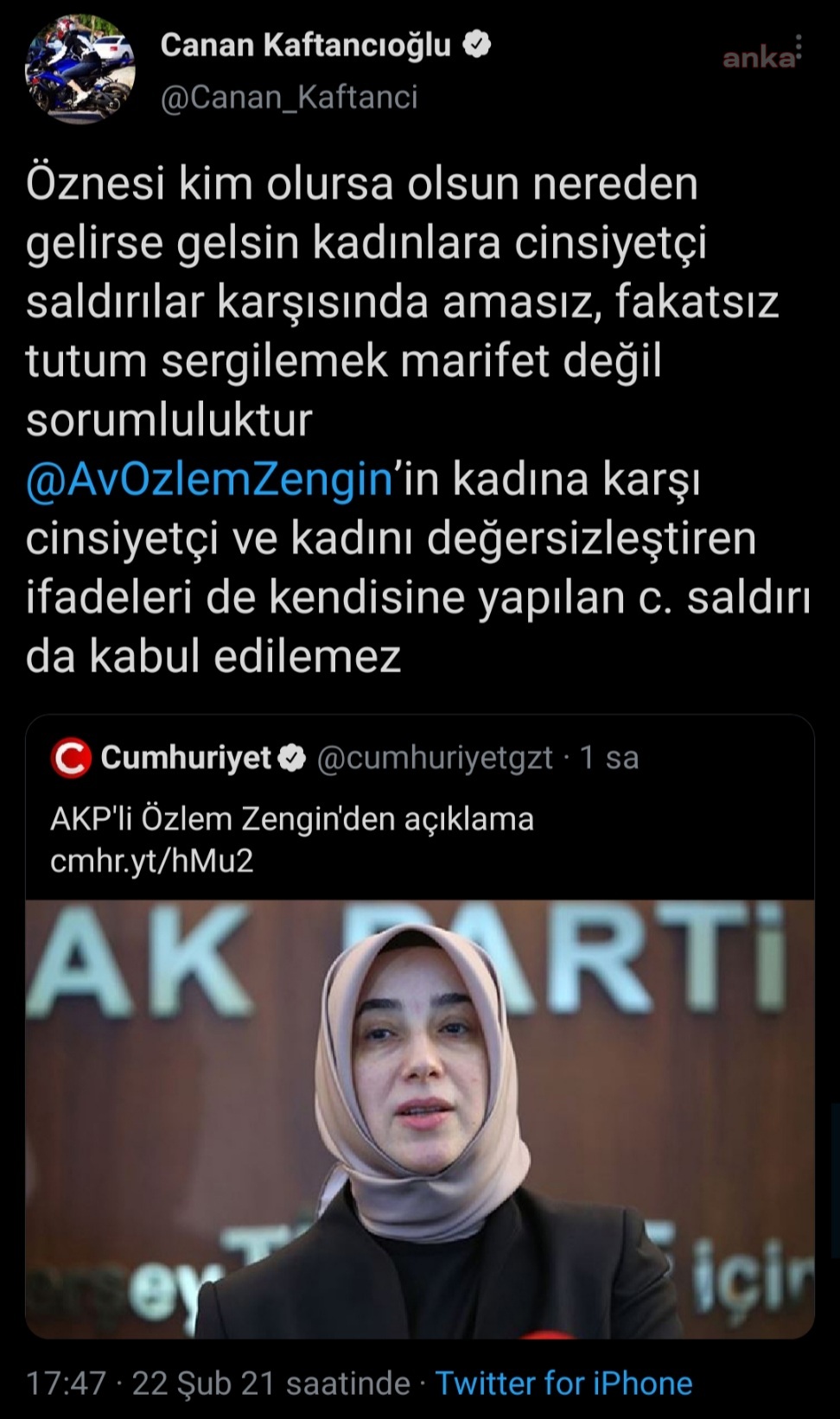 KAFTANCIOĞLU, AKP'Lİ ÖZLEM ZENGİN'E YÖNELİK CİNSİYETÇİ TEPKİLERE İTİRAZ ETTİ