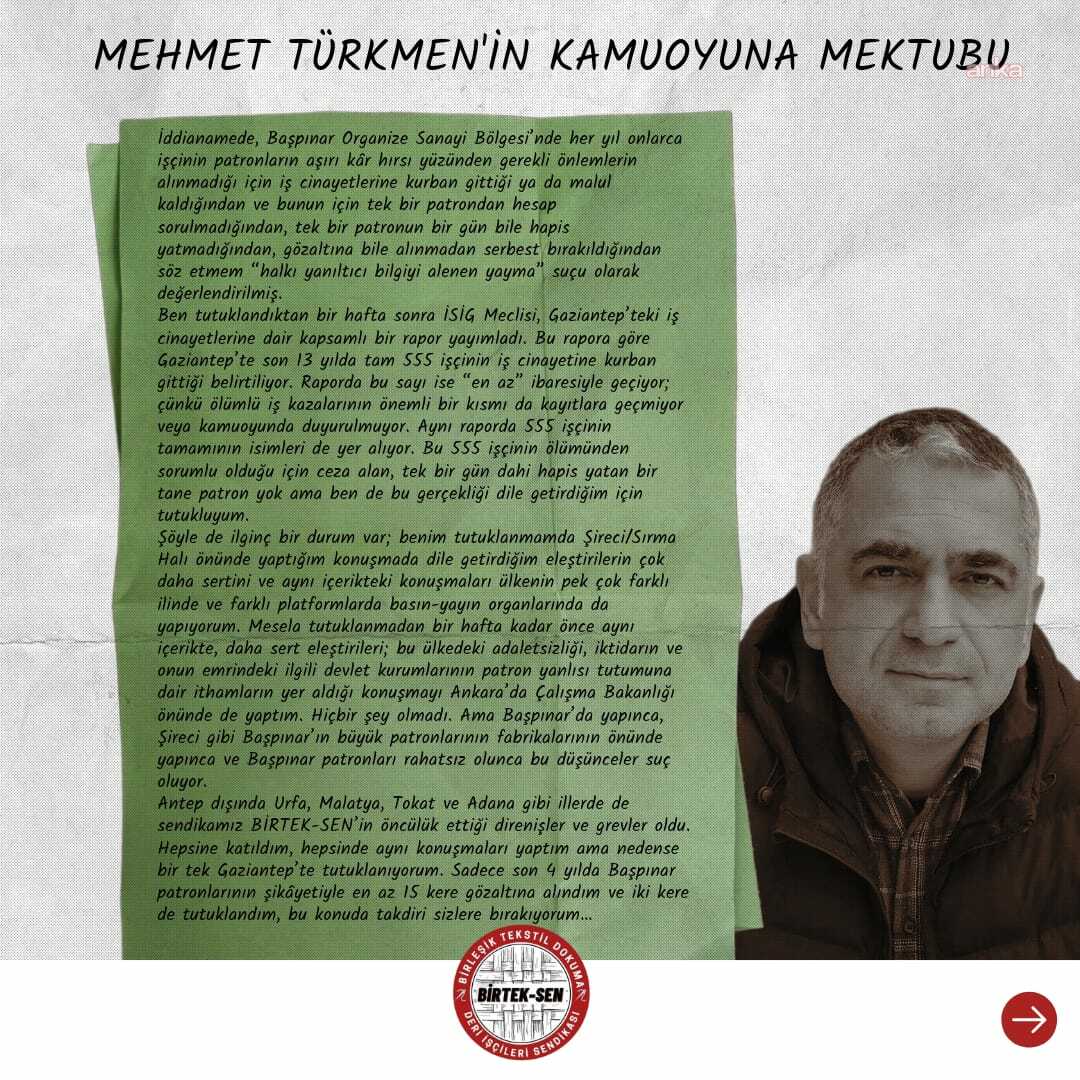 BİRTEK-SEN Genel Başkanı Türkmen cezaevinden yazdı: “Bu düzen sürsün diye tutukluyum”