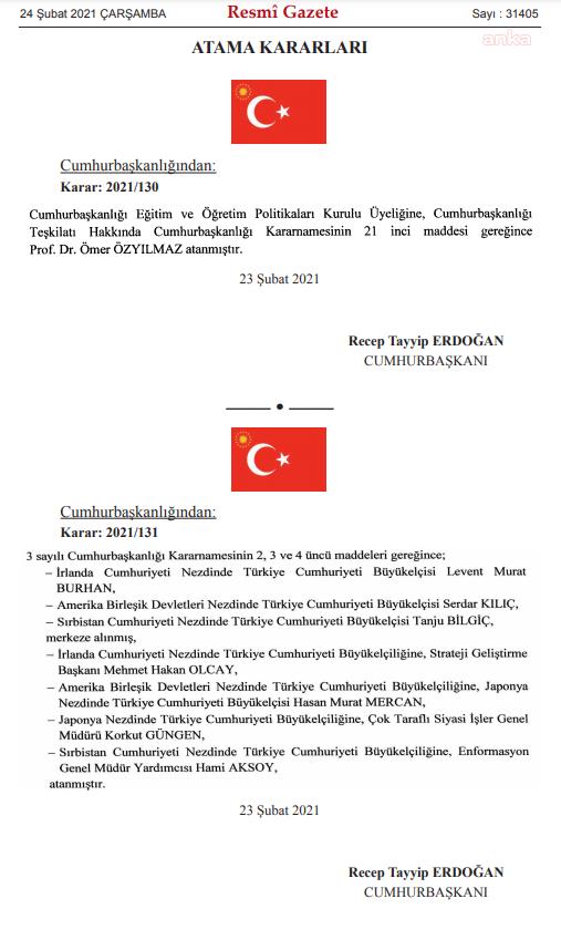4 ÜLKEYE YENİ BÜYÜKELÇİ ATANDI; MURAT MERCAN'IN TÜRKİYE'NİN ABD BÜYÜKELÇİLİĞİ RESMİLEŞTİ