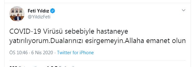 MHP GENEL BAŞKAN YARDIMCISI YILDIZ'A KORONAVİRÜS TEŞHİSİ