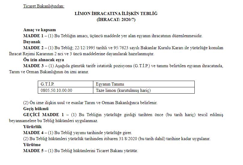 LİMON İHRACATI İZNE BAĞLANDI