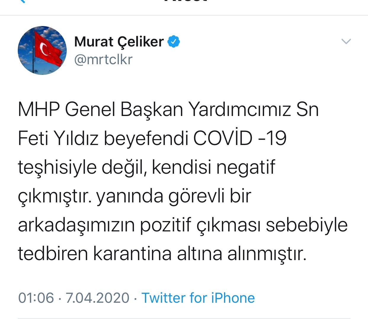 MHP’Lİ FETİ YILDIZ’IN KORONA TESTİ NEGATİF ÇIKTI ANCAK TEDBİREN KARANTİNAYA ALINDI