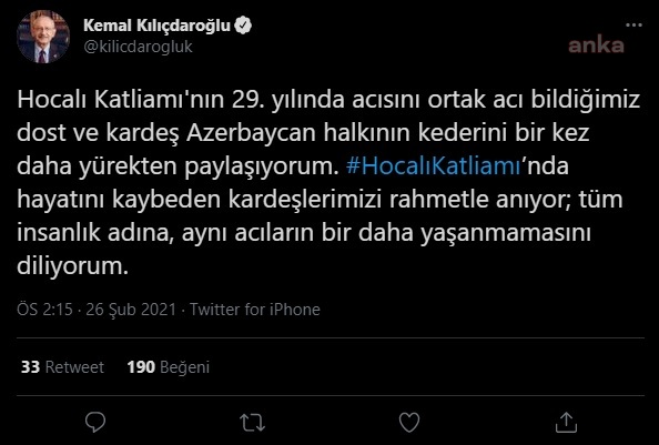KILIÇDAROĞLU HOCALI KATLİAMI'NDA YAŞAMINI YİTİRENLERİ ANDI: "DOST VE KARDEŞ AZERBAYCAN HALKININ KEDERİNİ YÜREKTEN PAYLAŞIYORUM"