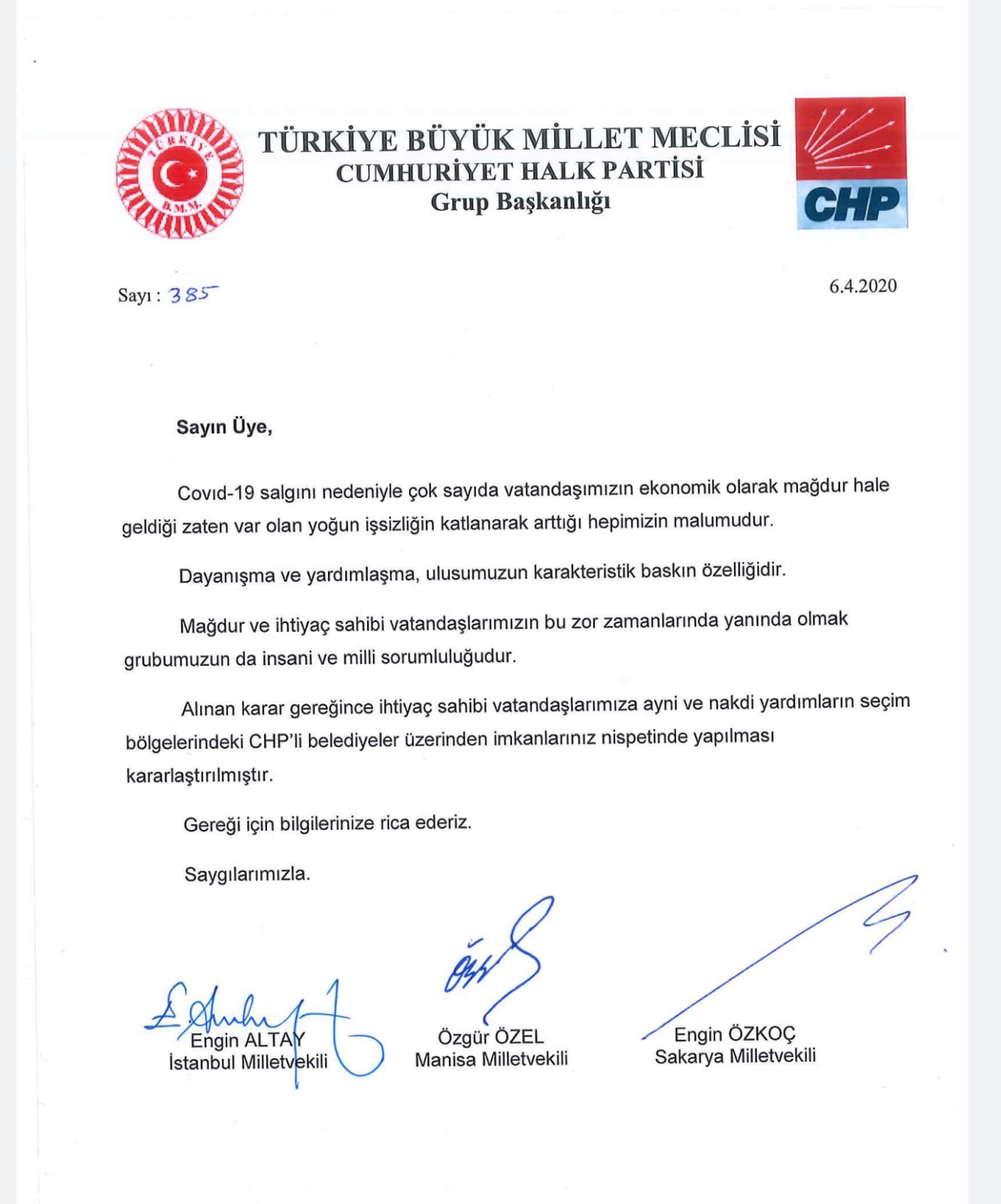 CHP MECLİS GRUBU'NDAN YARDIM KAMPANYASI