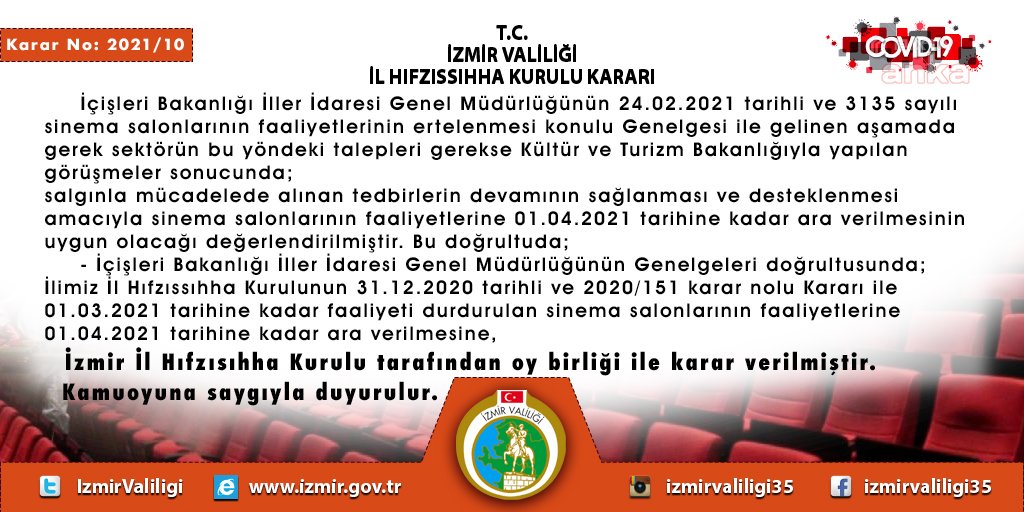 İZMİR'DE SİNEMA SALONLARINA ERTELEME