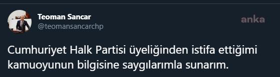 CHP DENİZLİ MİLLETVEKİLİ TEOMAN SANCAR PARTİSİNDEN İSTİFA ETTİ