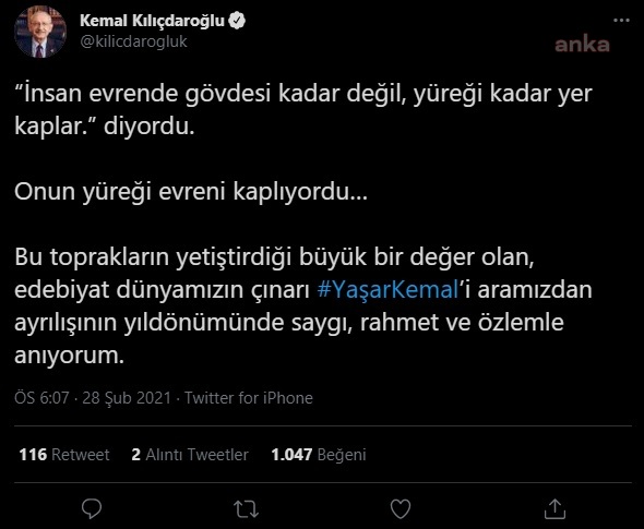 KEMAL KILIÇDAROĞLU, YAŞAR KEMAL'İ ANDI: "ONUN YÜREĞİ EVRENİ KAPLIYORDU"