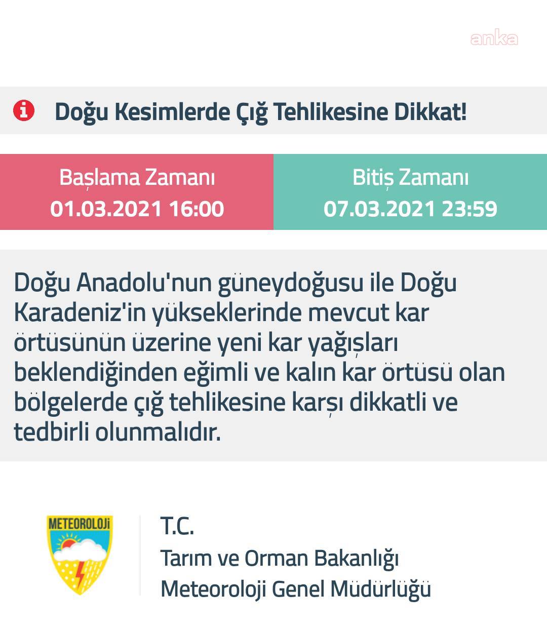 METEOROLOJİ'DEN DOĞU'DA ÇIĞ UYARISI