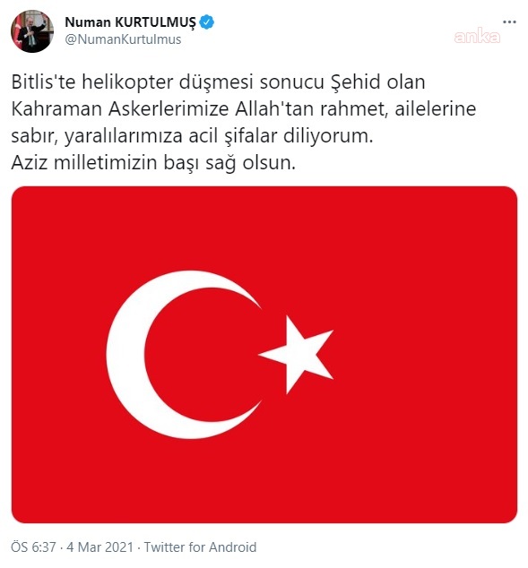 ÖMER ÇELİK VE NUMAN KURTULMUŞ'TAN BAŞSAĞLI MESAJI