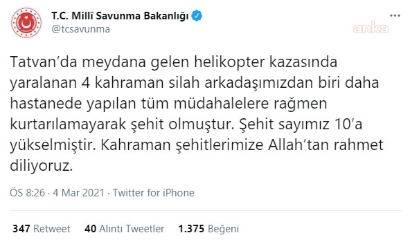 HELİKOPTER KAZASI SONUCU ŞEHİT OLAN ASKER SAYISI 10'A YÜKSELDİ