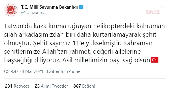 HELİKOPTER KAZASI SONUCU ŞEHİT OLAN ASKER SAYISI 11'E YÜKSELDİ