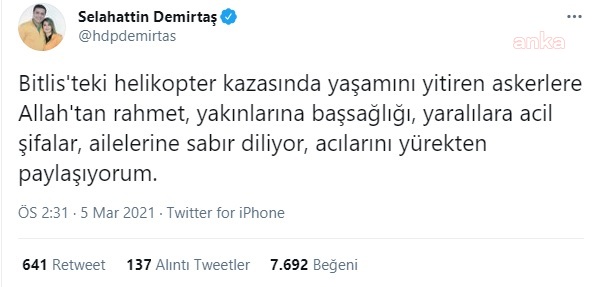 SELAHATTİN DEMİRTAŞ'TAN ŞEHİTLER İÇİN TAZİYE MESAJI