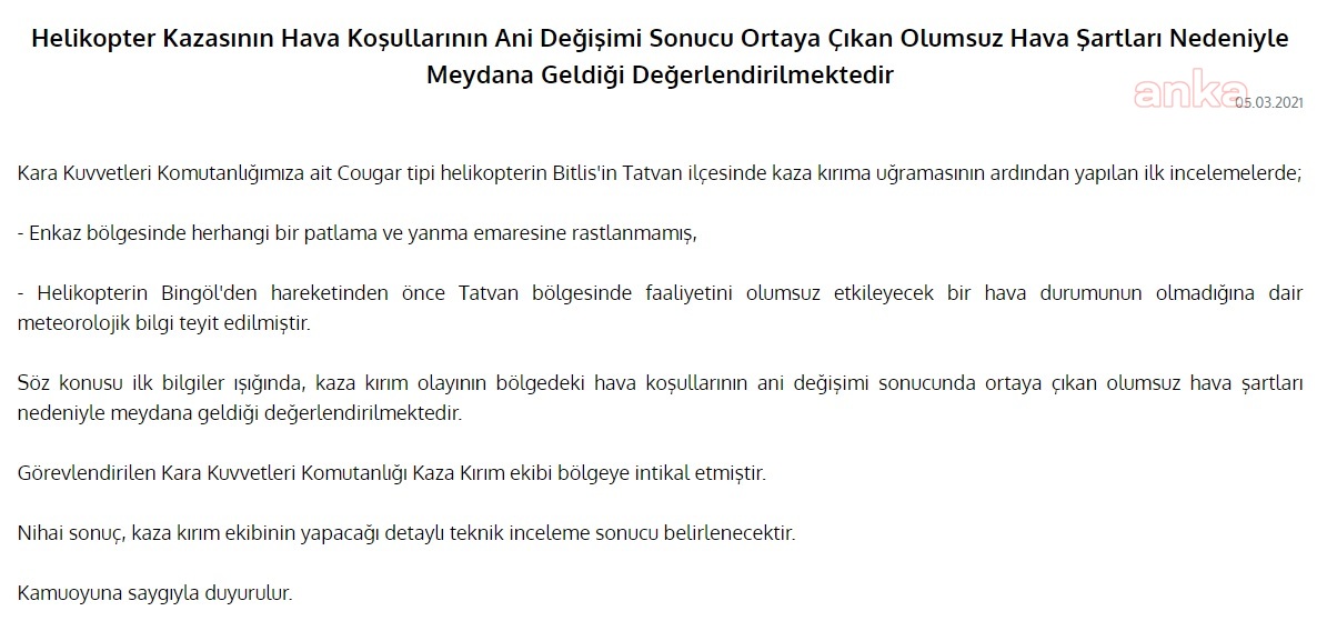 MSB: "ENKAZ BÖLGESİNDE HERHANGİ BİR PATLAMA VE YANMA EMARESİNE RASTLANMAMIŞTIR"