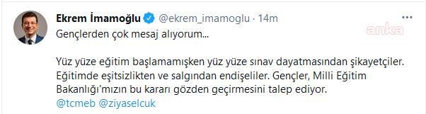 İMAMOĞLU'NDAN MİLLİ EĞİTİM BAKANLIĞI'NA YÜZ YÜZE SINAV ÇAĞRISI