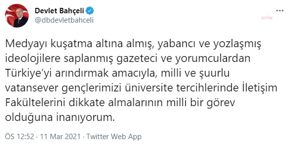 BAHÇELİ “MİLLİ VE ŞUURLU VATANSEVER GENÇLERİ" İLETİŞİM FAKÜLTELERİNİ TERCİH ETMEYE ÇAĞIRDI