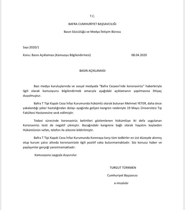 BAFRA CUMHURİYET BAŞSAVCILIĞINDAN "CEZAEVİNDE KORONAVİRÜS GÖRÜLDÜĞÜ" İDDİALARINA YALANLAMA