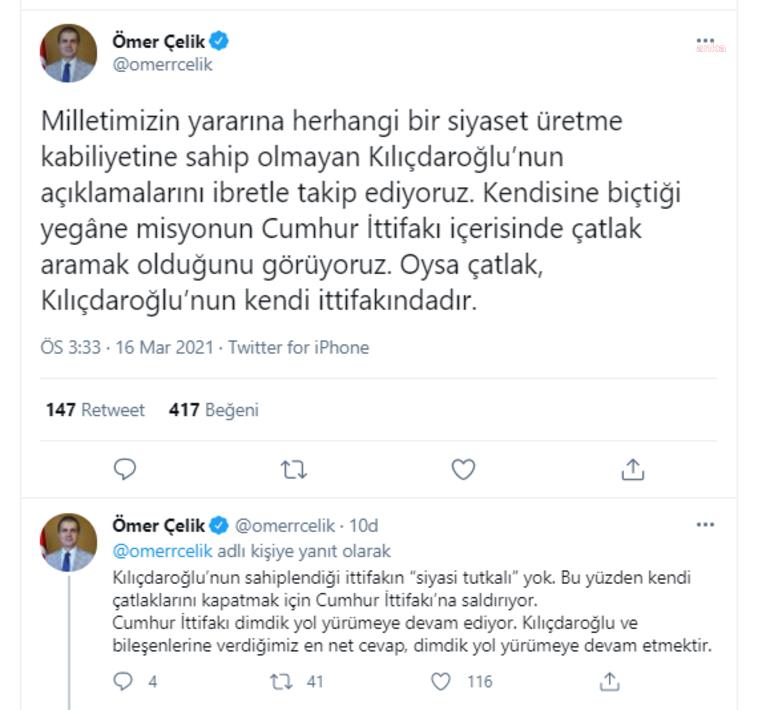 AKP SÖZCÜSÜ ÖMER ÇELİK: ÇATLAK, KILIÇDAROĞLU’NUN KENDİ İTTİFAKINDADIR